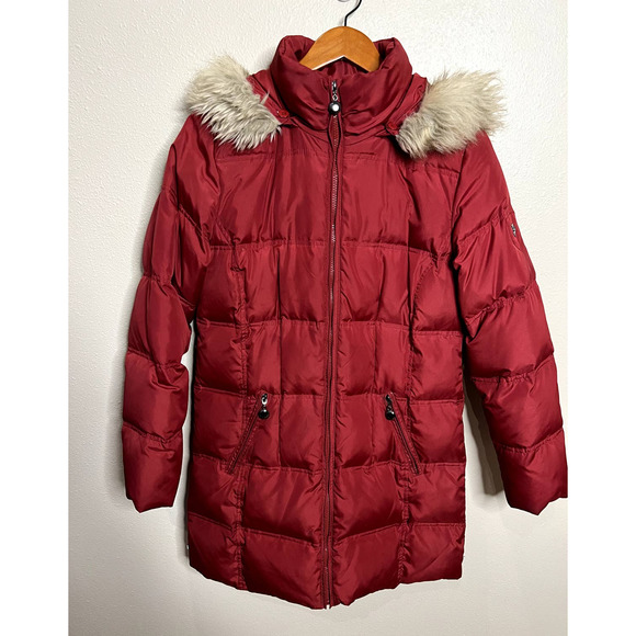 Tribal Puffer Coat with detachable Faux fur lined hood, red zip-front size M - Picture 1 of 10